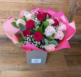 18 Pink and Red Rose Hand Tied
